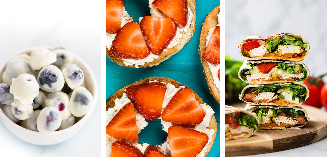 Low calorie snacks for weight loss such as yogurt covered fruit, low-cal bagels with fruit, and hummus and veggie wraps