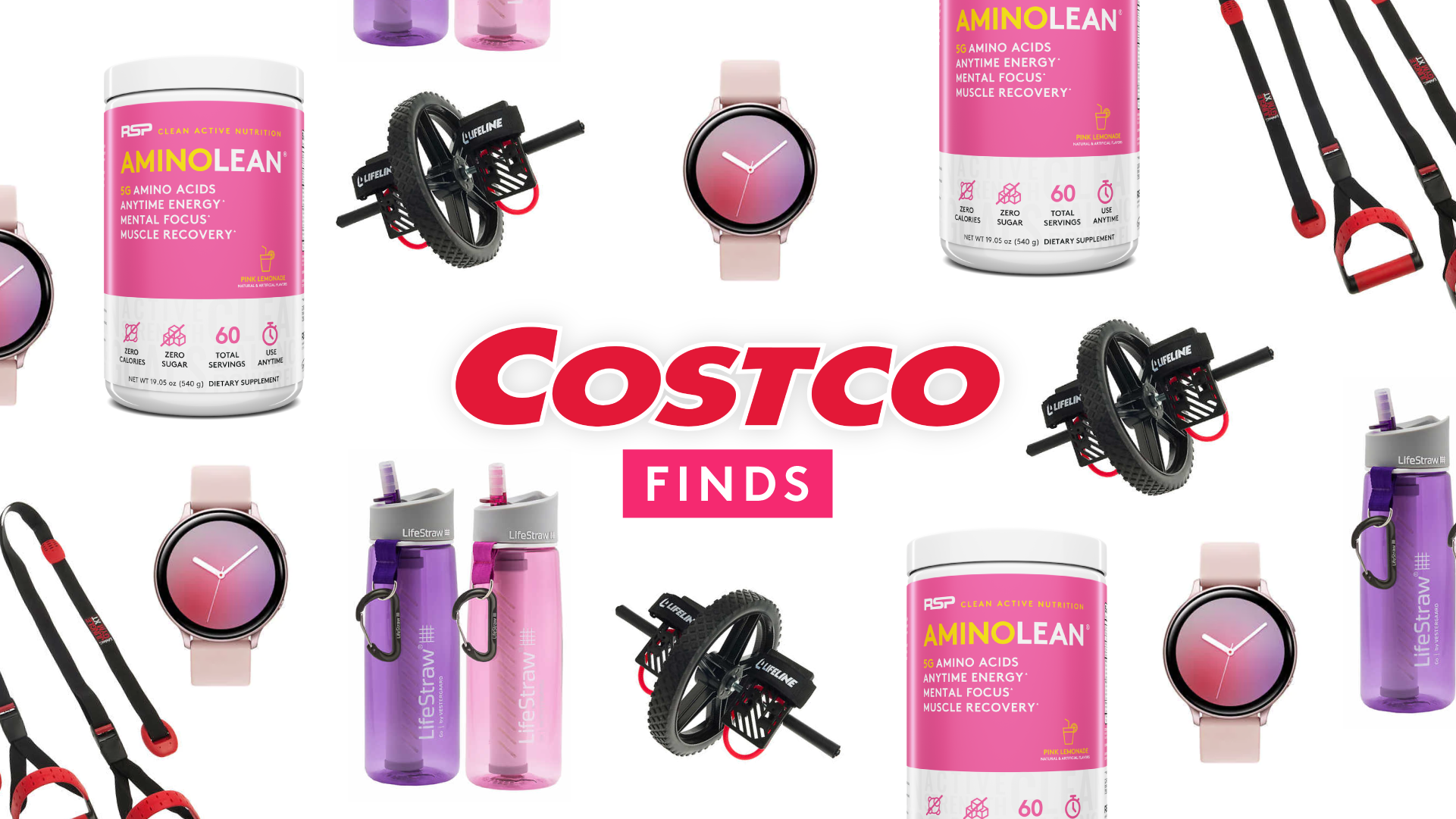 Costco fitness finds like an ab roller, high quality water bottles, amino lean pre workout pink lemonade, and a fitness watch