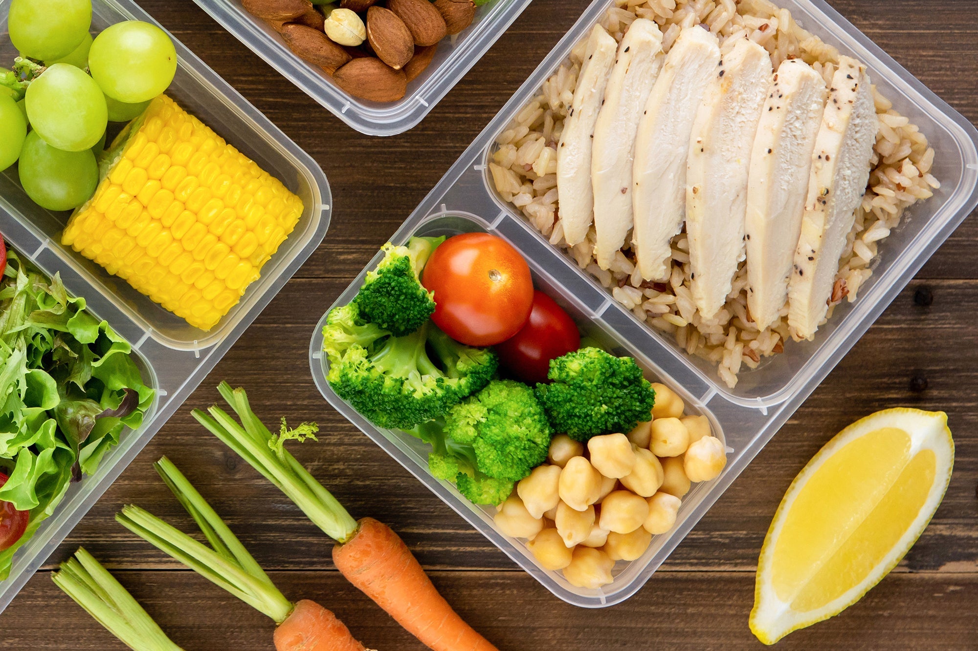 Well-balanced whole foods meals in meal prep containers