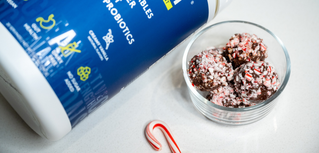 Candy cane protein truffles made with plant-based protein powder TrueFit Plant