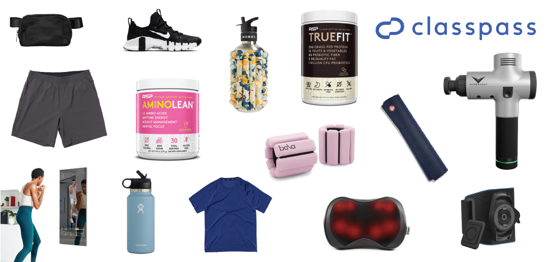 Various gifts for the holiday season, including workout clothes, running sneakers, a water bottle, pre workout, protein powder, and a theragun