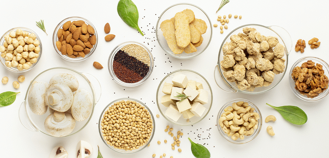 Various plant based protein sources such as tofu, nuts, and chickpeas