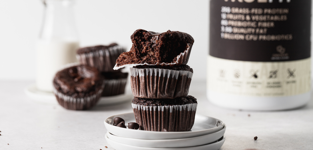 Double chocolate chip protein muffins made with TrueFit chocolate whey protein powder
