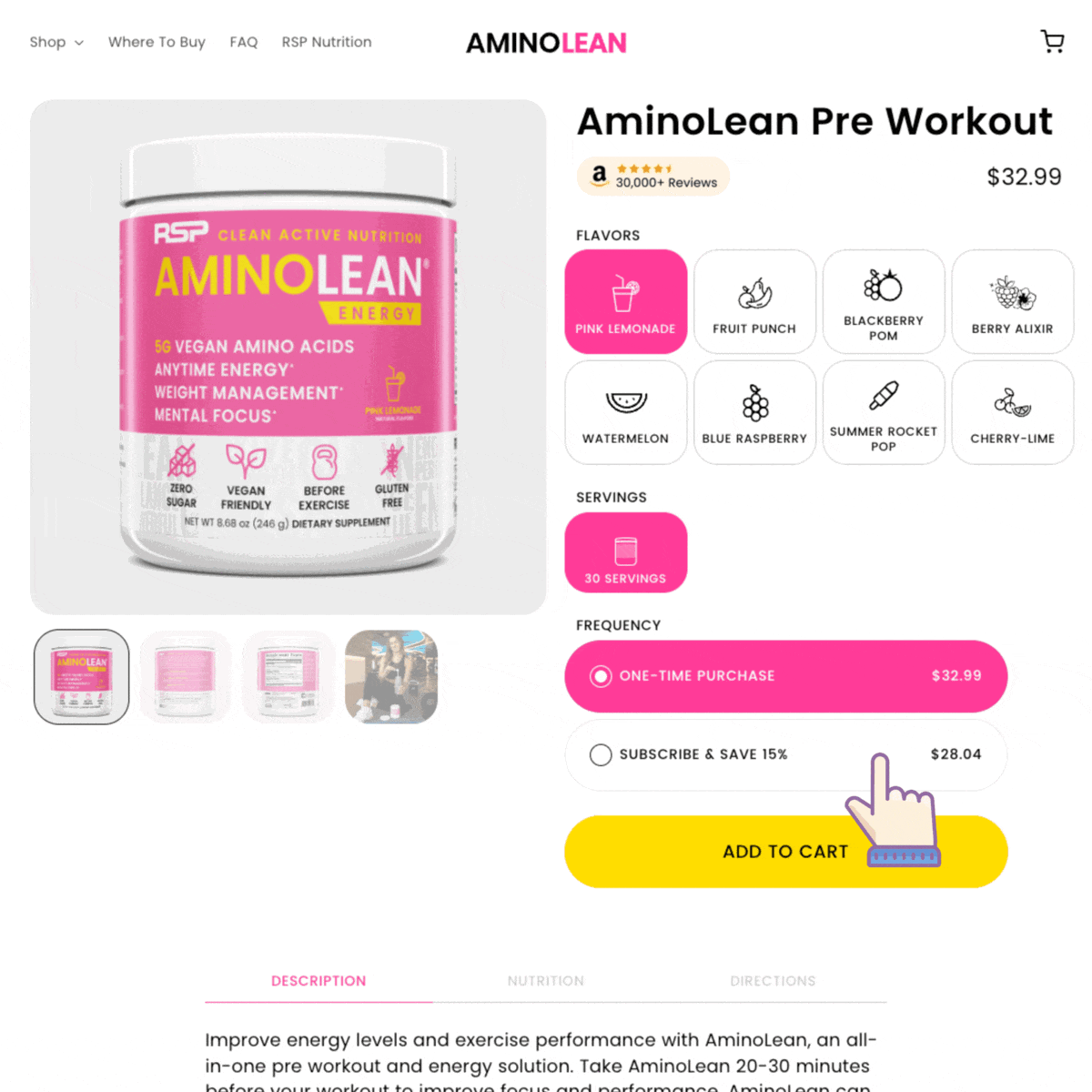 Screen recording demonstrating how to subscribe. A pointer clicks on the "Subscribe & Save" option on the AminoLean Pink Lemonade Pre Workout product page. The delivery frequency is set and the product is added to cart. Finally, the pointer indicates clicking on the "Checkout" button to continue to the subscription checkout.